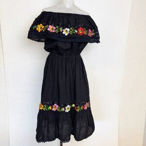 Mexican hand embroidered artesian black floral dress Off Shoulder Cotton Medium